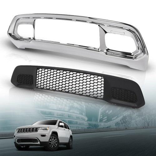 Solid Spare Front Lower Grille & Bumper Grill Bezel Chrome Fit For 17-22 Jeep Grand Cherokee