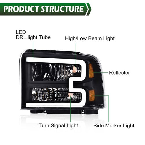 Solid Spare Fit For 2005-2007 Ford F250 F350 F450 F550 Super Duty LED Conversion Headlights