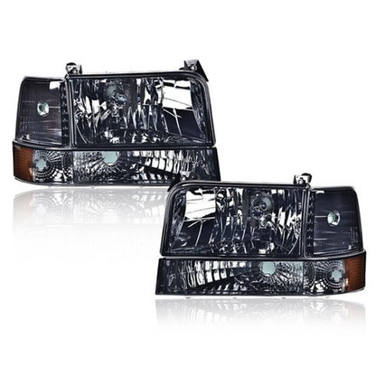 Solid Spare Fit For 92-96 Ford F150 F250 F350 Bronco Headlights w/Corner Signal Lamps Smoke