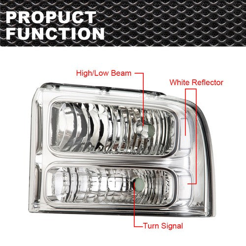 Solid Spare Clear Corner Chrome Headlights Fit For 2005-2007 Ford F-250 F-350 Super Duty