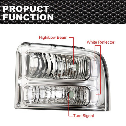 Solid Spare Clear Corner Chrome Headlights Fit For 2005-2007 Ford F-250 F-350 Super Duty