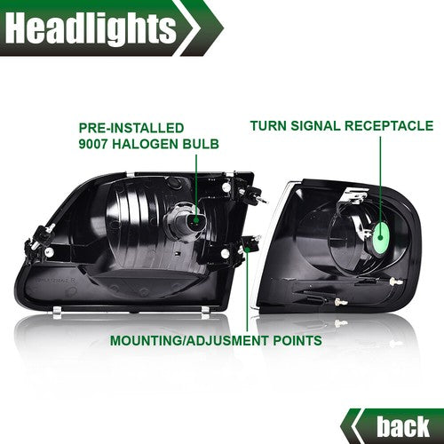 Solid Spare Black Headlights+Amber Corner Lights Fit For 97-03 Ford F150/99-02 Expedition