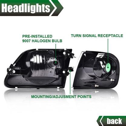 Solid Spare Black Headlights+Amber Corner Lights Fit For 97-03 Ford F150/99-02 Expedition
