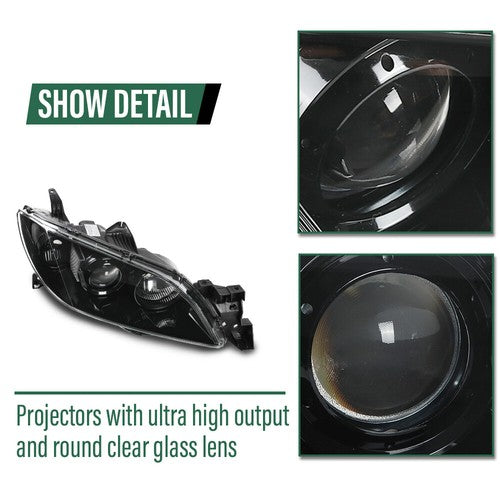 Solid Spare Fit For 2004-2009 Mazda 3 4-Door Sedan Clear Black Halogen Projector Headlights