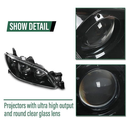 Solid Spare Fit For 2004-2009 Mazda 3 4-Door Sedan Clear Black Halogen Projector Headlights