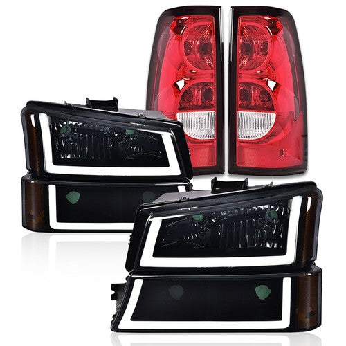 Solid Spare Fit For 03-06 Chevy Silverado Black LED Tube Headlights+Red Tail Lights