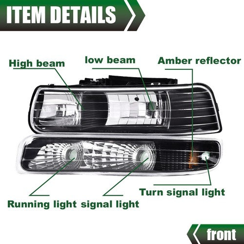Solid Spare Fit For 99-02 Chevy Silverado/00-06 Suburban Black Clear Headlights + Fog Lights