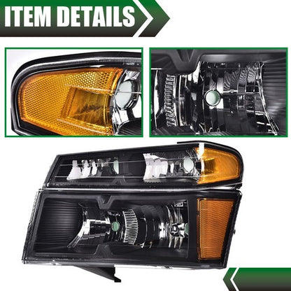 Solid Spare Fits 2004-2012 GMC Canyon Chevy Colorado Pair Headlights Front Bumper Lamps