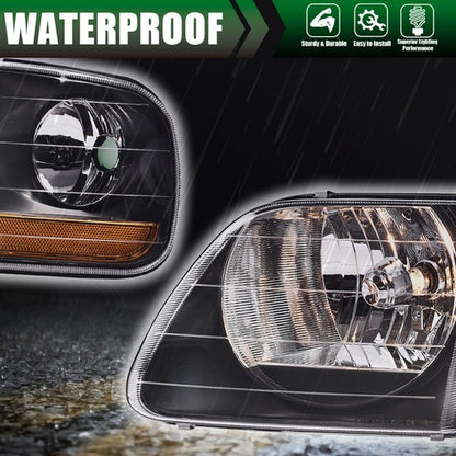 Solid Spare Black Housing Headlights & Amber Corner Fit For Ford 97-03 F150 97-02 Expedition