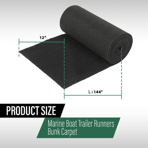 Solid Spare 12" x 12' Ribbed Bunk Carpet / Marine Boat Trailer Runners / Outdoor - Black