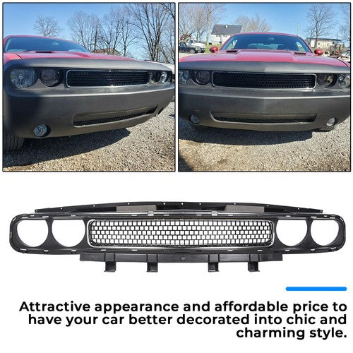 Solid Spare For 2008-2014 Dodge Challenger Front Bumper Grille Black w/ Chrome Trim Molding