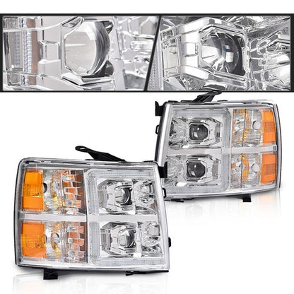 Solid Spare Fit For 07-14 Silverado 1500 2500 3500 Amber Chrome LED Projector Headlights
