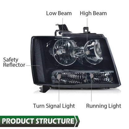 Solid Spare Fit For 07-14 Chevy Avalanche Tahoe Suburban Clear Corner Smoke Lens Headlights