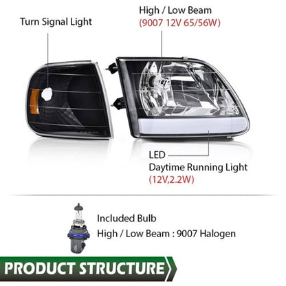 Solid Spare Fit For 97-03 Ford F150/99-02 Expedition LED Tube Headlights+Corner Lights Black