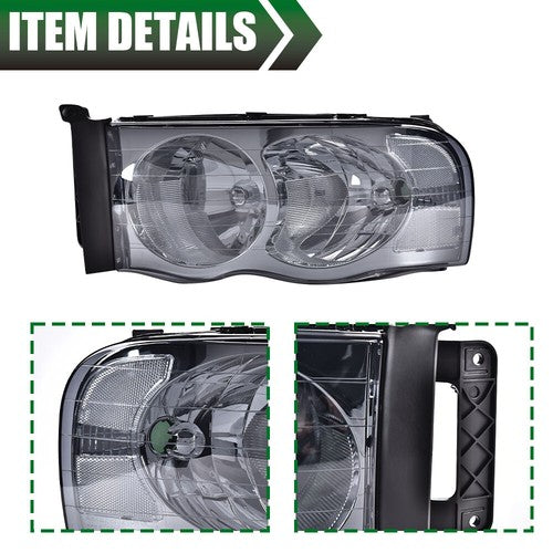 Solid Spare Fit For 02-2005 Dodge Ram 1500 2500 3500 Smoke Lens Chrome Headlights Left+Right