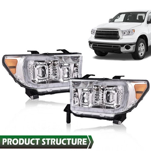 Solid Spare Fit For 07-13 Tundra 08-17 Sequoia Chrome/Amber LED Tube Projector Headlights
