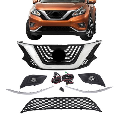 Solid Spare 8pcs For Nissan Murano 2015-2018 Front Grill Bumper Trim Molding+Foglights Set