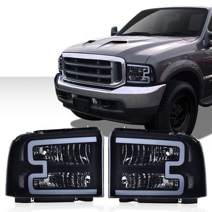 Solid Spare Fit For 05-07 Ford F250 F350 Super Duty Conversion LED DRL Headlights Smoke