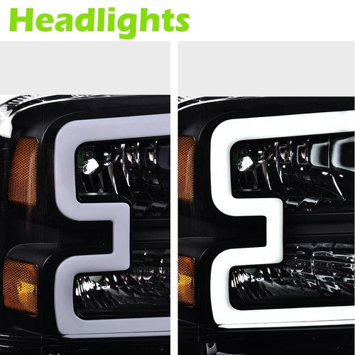 Solid Spare LED DRL Black Headlights Fit For 2005-2007 Ford F250 F350 F450 F550 Super Duty