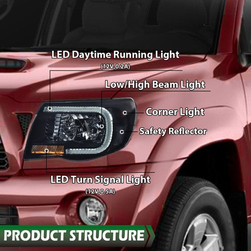Solid Spare Fit For 2005-2011 Toyota Tacoma Smoke Lens Black Housing Headlights w/LED DRL