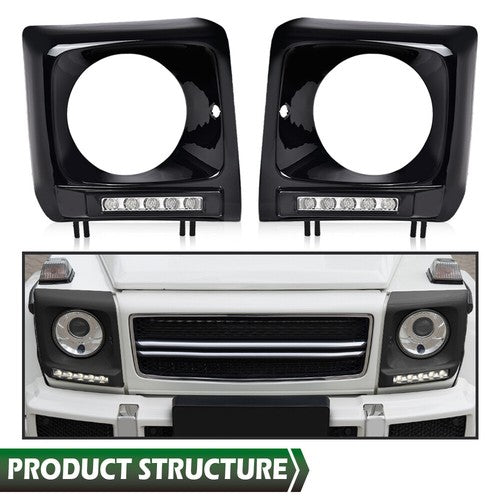 Solid Spare Fit For 1990-2018 Benz W463 G63 Wagon G500 Black Headlight Trim Bezel w/ LED DRL