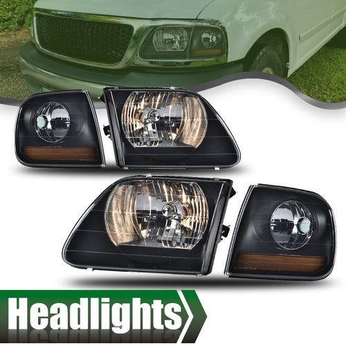Solid Spare Black Headlights+Amber Corner Lights Fit For 97-03 Ford F150/99-02 Expedition