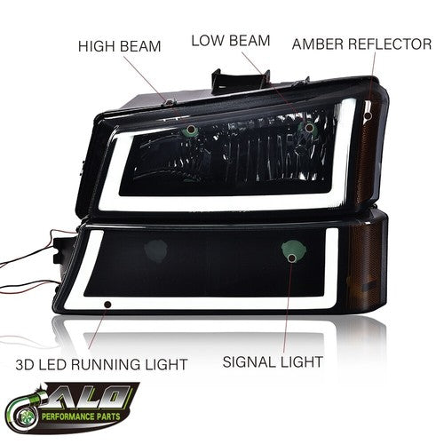 Solid Spare Fit For 03-06 Chevy Silverado Black LED Tube Headlights+Red Tail Lights