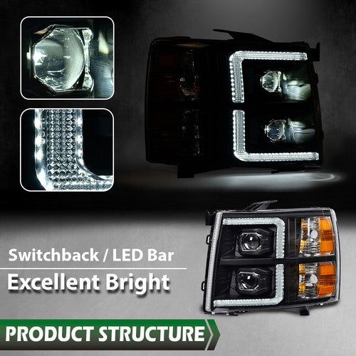Solid Spare LED DRL Projector Headlights Black Fit For 07-13 Chevy Silverado 1500/2500/3500