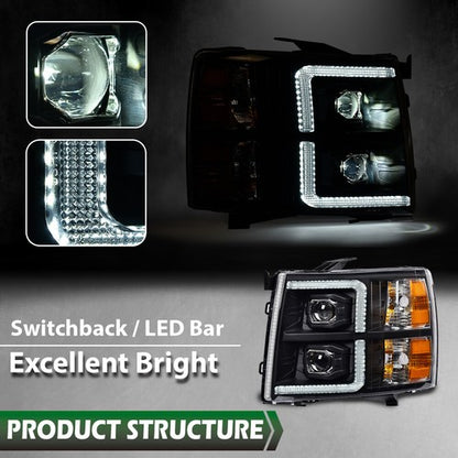 Solid Spare LED DRL Projector Headlights Black Fit For 07-13 Chevy Silverado 1500/2500/3500