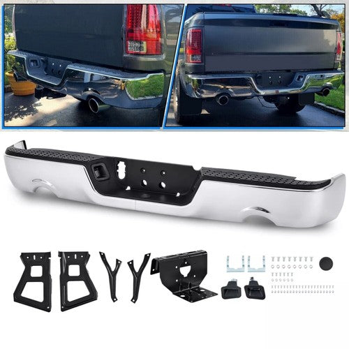 Solid Spare Rear Bumper Chrome For 2009-2018 Dodge RAM 1500 w/o Sensor Holes w/ Dual Exhaus