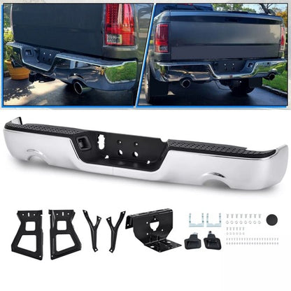 Solid Spare Rear Bumper Chrome For 2009-2018 Dodge RAM 1500 w/o Sensor Holes w/ Dual Exhaus
