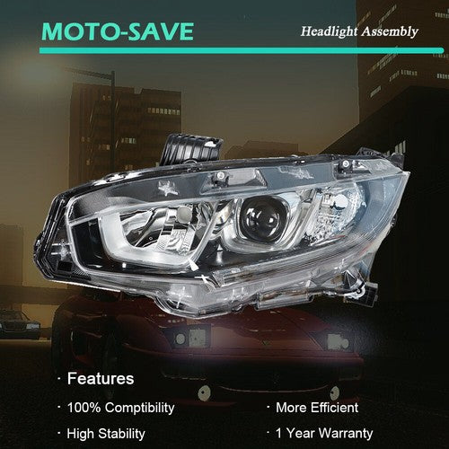 Solid Spare For Honda Civic 2016-2020 Headlight Assembly Halogen Chrome Clear Driver Side