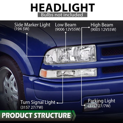 Solid Spare Fit For 98-04 Chevy S10 Blazer Chrome/Amber Corner Headlights Bumper Headlamps