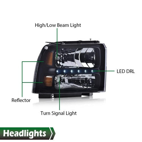 Solid Spare Smoke Lens LED DRL Headlights Fit For 05-07 Ford F250 F350 F450 F550 Super Duty
