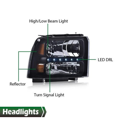 Solid Spare Smoke Lens LED DRL Headlights Fit For 05-07 Ford F250 F350 F450 F550 Super Duty