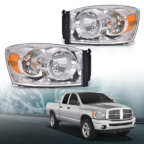 Solid Spare Pair Headlights Chrome Housing Fit For 2006-2009 Dodge Ram 1500 2500 3500