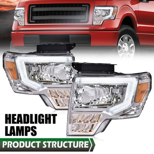 Solid Spare Pair Amber/Chrome LED DRL Headlights Assembly Fit For 2009-2014 Ford F150 F-150