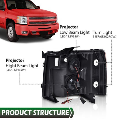 Solid Spare Fit For 07-14 Silverado 1500 2500 3500 Amber Chrome LED Projector Headlights
