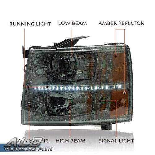 Solid Spare Fit For 2007-2014 Chevy Silverado 1500/2500/3500 Smoke Lens LED DRL Headlights