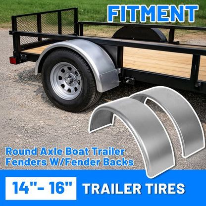 Solid Spare 1 Pair Round Single Axle Trailer Fenders & Backs For 14"-16" Wheels