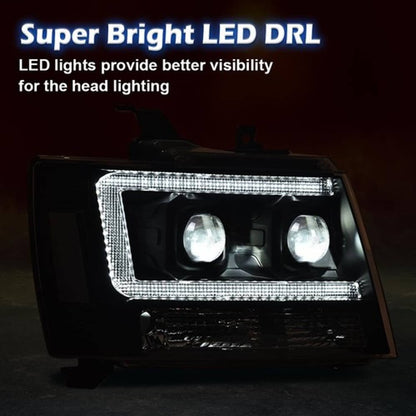 Solid Spare Dual LED Projector Headlights Black Fit For 07-14 Chevy Avalanche Tahoe Suburban