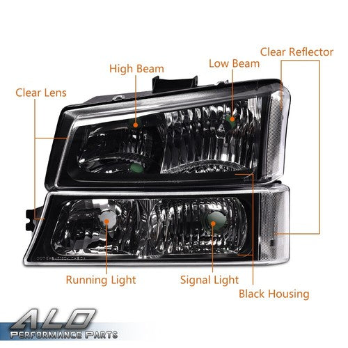 Solid Spare Fit For 2003-2006 Chevy Silverado Clear/Black Headlights+Smoke Tail Lights