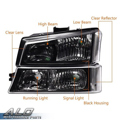 Solid Spare Fit For 2003-2006 Chevy Silverado Clear/Black Headlights+Smoke Tail Lights
