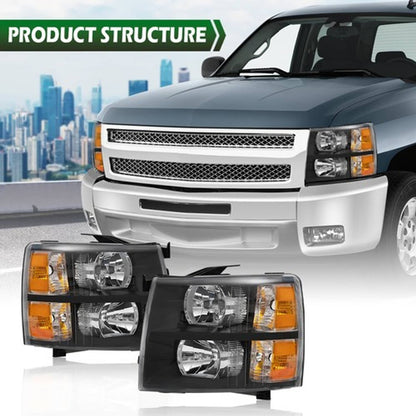 Solid Spare For 2007-2014 Chevy Silverado 1500 2500HD 3500HD Headlights Black Housing Pair