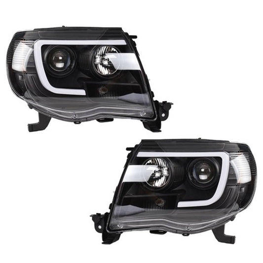 Solid Spare For Toyota Tacoma 2005-2011 Black LED Tube Projector Headlights Headlamp Pair