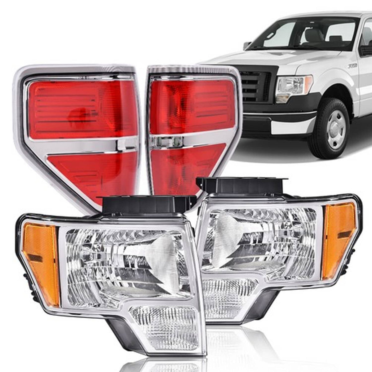 Solid Spare Fit For 2009-2014 Ford F150 Pickup Chrome Headlights+Tail Lights Brake Lamps