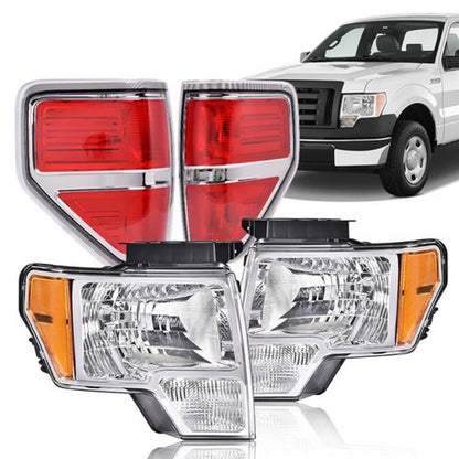 Solid Spare Fit For 2009-2014 Ford F150 Pickup Chrome Headlights+Tail Lights Brake Lamps