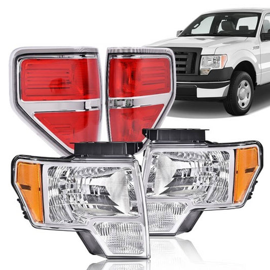 Solid Spare Fit For 2009-2014 Ford F150 Pickup Chrome Headlights+Tail Lights Brake Lamps