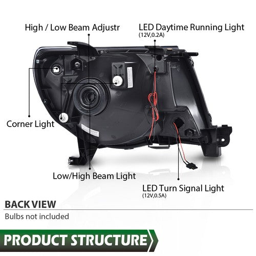 Solid Spare Fit For 2005-2011 Toyota Tacoma Smoke Lens Black Housing Headlights w/LED DRL