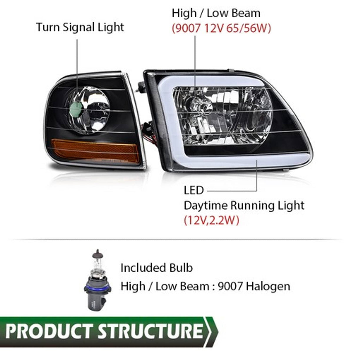 Solid Spare Fit For 97-04 F-150 Expedition LED DRL Headlights & Corner Lights Black/Clear